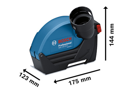 Blå och svart Bosch professionell dammutsug med måtten 123 mm x 144 mm x 175 mm.