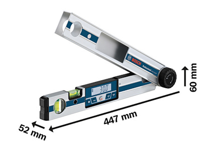Digitalt vinkelmätverktyg med display och vattenpass från Bosch, dimensioner: 447 mm x 60 mm x 52 mm.