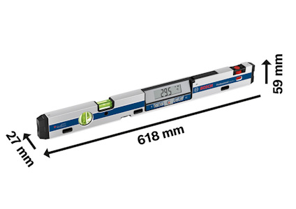 Digitalt vattenpass med display som visar 29.5°, måtten 618 mm x 59 mm x 27 mm.