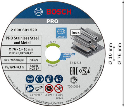 BOSCH kapskiva för rostfritt stål och metall, mått Ø76 x 1 x 10 mm, max hastighet 20,100 RPM, A 60 R INOX BF.