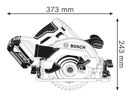 Illustration av en Bosch cirkelsåg med måtten 373 mm x 243 mm.
