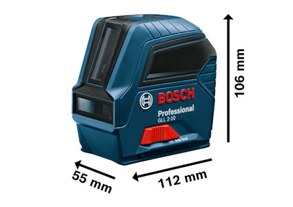 Bosch Professional laserverktyg, modell GLL 2-10, med måtten 106 x 112 x 55 mm.