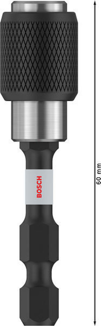 Svart bitshållare med silverdetaljer och Bosch-logga, 60 mm markerad längd.