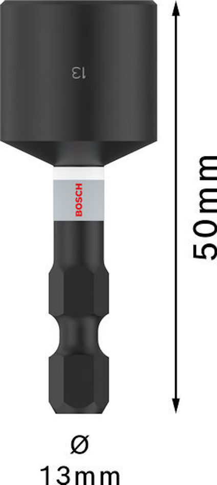Svart hylsa med Bosch-logotyp, 13 mm diameter och 50 mm längd, markerad med mått.