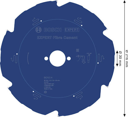 Blått cirkelsågblad med vit text: BOSCH EXPERT Fibre Cement Ø216 mm.