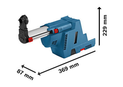 Blått elverktygstillbehör med mått: 87 mm bredd, 369 mm längd, 229 mm höjd.