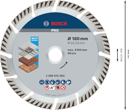 Diamantklinga från Bosch, Pro-serie. Ø180 mm, max 8.500 rpm, 2 608 615 063. För flera material inklusive tegel och kakel.