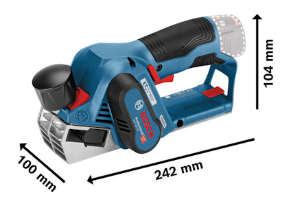 Elektrisk hyvel från Bosch med måtten 242 mm längd, 100 mm bredd och 104 mm höjd.