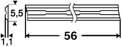 Teknisk ritning av en metallskena med mått: bredd 5,5 mm, höjd 1,1 mm, längd 56 mm.