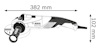 Ritning av en Bosch vinkelslip med måtten 382 mm i längd och 102 mm i höjd, synlig från sidan.