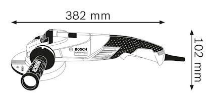 Ritning av en Bosch vinkelslip med måtten 382 mm i längd och 102 mm i höjd, synlig från sidan.