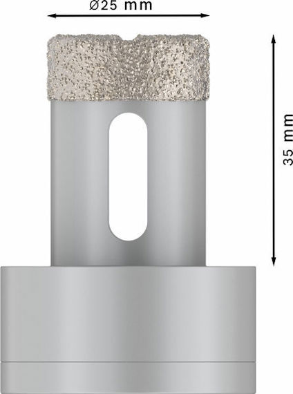 Cirkulär borrkrona, 25 mm i diameter, 35 mm i höjd, med segment av slipade diamantpartiklar.