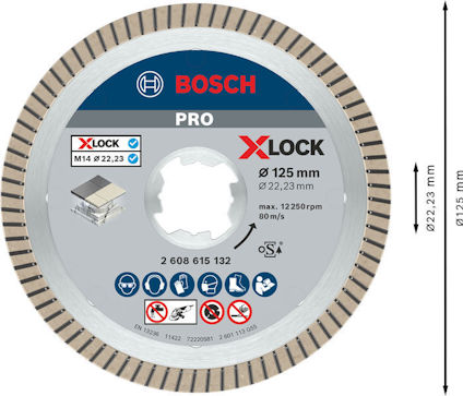 Rund kapskiva Bosch Pro X-LOCK, diameter 125 mm, max 12250 rpm, symboler för säkerhetsanvisningar och kompatibel utrustning.