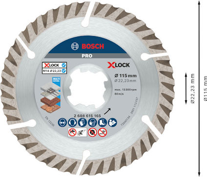 Diamantklinga Bosch X-Lock, 115 mm diameter, för kapning av material som kakel och tegel. Illustration med mått och symboler.