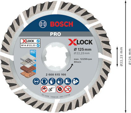 Diamantkapskiva BOSCH PRO X-LOCK, 125 mm diameter, max 12250 rpm, visas med symboler och specifikationer.
