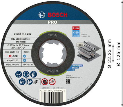 Rund kapskiva för rostfritt stål och metall, Bosch Pro. Diameter 125 mm, tjocklek 1,5 mm.