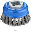 Blå stålborste från Bosch med snurrade borst. Märkt "max. 12 500 RPM" och "Ø 75 mm".