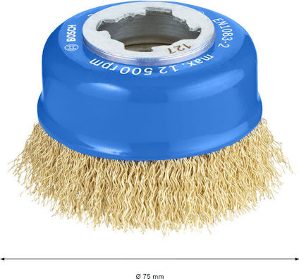 Blå borstkopp med metalltrådar, text "MAX 12,500 RPM" och diameterangivelse 75 mm.