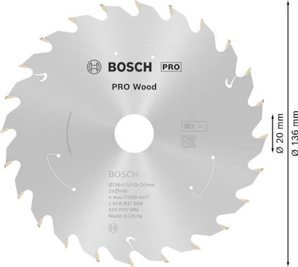 Cirkelsågklinga för trä, Bosch PRO Wood, 24 tänder, 130/20 mm, modellnummer 2 608 837 668.