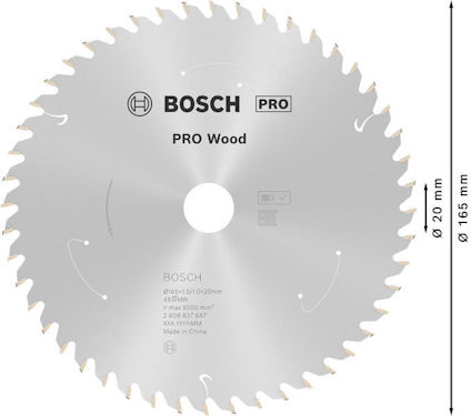 Cirkelsågklinga med Bosch-logotyp och text "PRO Wood". Diameter 165 mm, 20 tänder, made in China.