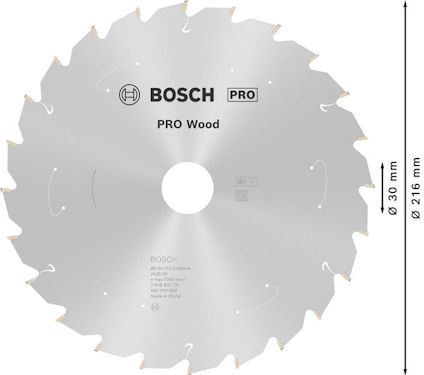 Cirkelsågklinga med Bosch-logotyp och texten "PRO Wood", diametern är 216 mm, centrumhålet 30 mm.