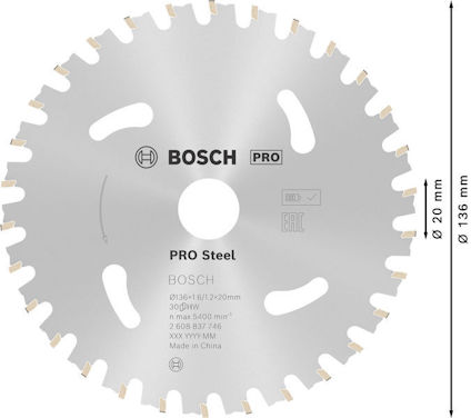 Rund sågklinga med Bosch-logotyp, 20 mm centrumhål, 136 mm diameter, 5400 rpm. Markeringar och materialindikatorer synliga.