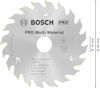 Cirkelsågblad med inskription "BOSCH PRO Multi Material", specifikationer, och dimensioner.