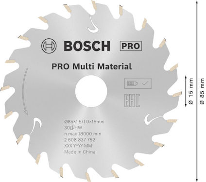 Cirkelsågblad med inskription "BOSCH PRO Multi Material", specifikationer, och dimensioner.