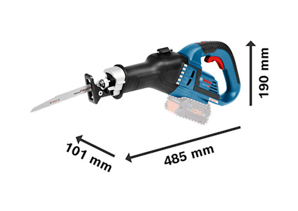 Tigersåg med blått handtag och batteri, sida av verktyget, mätt: 485 mm längd, 101 mm höjd, 190 mm bredd.