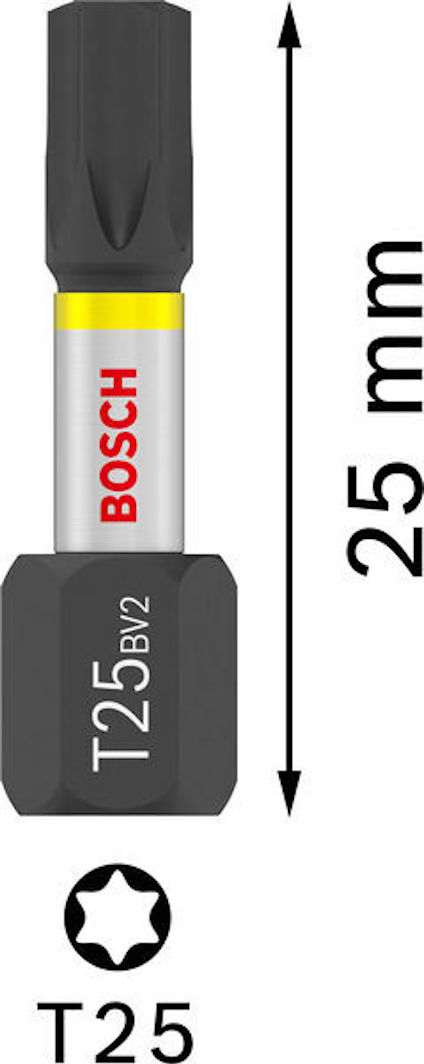 Bits med texten "T25 BV2" och "BOSCH", längd 25 mm.