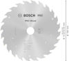 Cirkelsågklinga med text "PRO Wood", Bosch-logotyp, och specifikationer om storlek och ursprung.