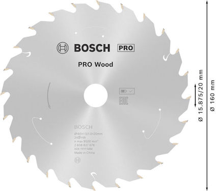 Cirkelsågklinga med text "PRO Wood", Bosch-logotyp, och specifikationer om storlek och ursprung.