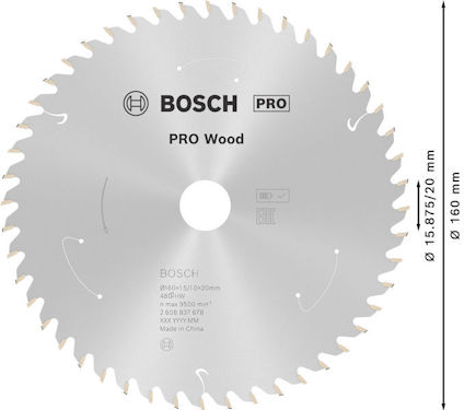 Cirkelsågklinga med texten "BOSCH PRO Wood", 48 tänder, diameter 160 mm, hålstorlek 15,87/20 mm.