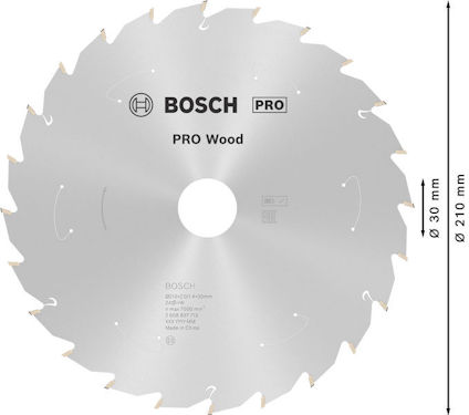 Cirkelsågsklinga från Bosch för trä, silverfärgad, med måtten ø 210 mm x 30 mm och 24 tänder.