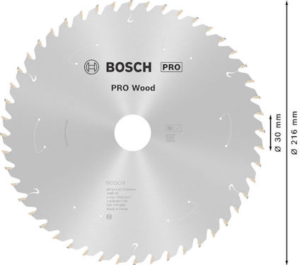 Cirkelsågklinga med text "BOSCH PRO Wood", diameter 216 mm, håldiameter 30 mm, 60 tänder.