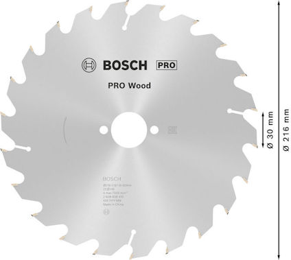 Cirkelsågklinga med texten "Bosch PRO Wood", diameter 216 mm, håldiameter 30 mm.