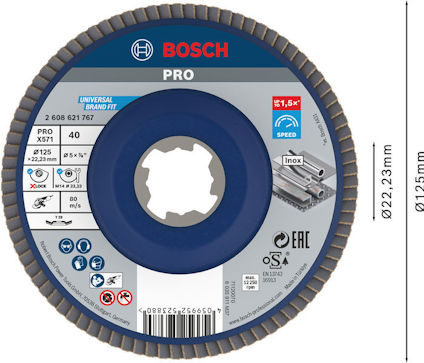 Rund sliprondell med etikett från Bosch Pro, diameter 125 mm, håldiameter 22,23 mm, typ X571, kornstorlek 40.