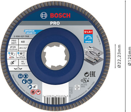 Slipskiva från Bosch för universellt bruk, Ø125mm, tjocklek 1,5mm. Markeringar: EAC, Inox, och varningstexter.