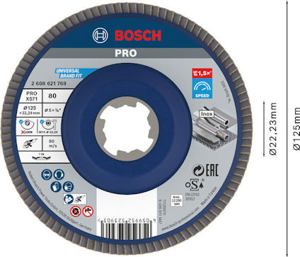 Slipskiva från Bosch, blå centrum, grå segment, diameter 125 mm. Text: "Universal Brand Fit", "Inox", "Ø 22.23 mm".