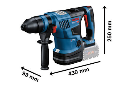 Borrmaskin med Bosch-logotyp, blå och svart, med dimensioner: 93 mm bredd, 430 mm längd, 250 mm höjd.