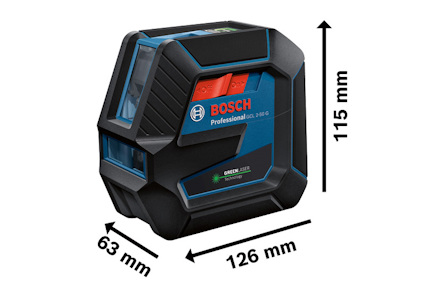 Bosch lasernivå, svart och blå, med storlek 126x63x115 mm markerad i millimeter.