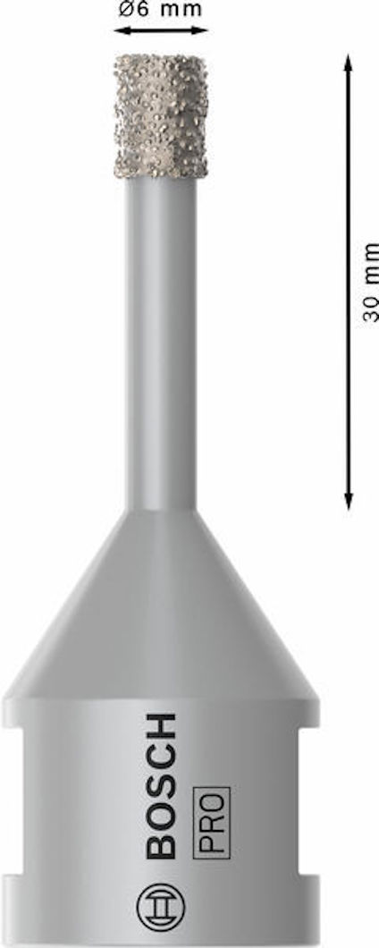 Grå Bosch Pro borr med diamantspets, 6 mm i diameter, 30 mm längd, logotyp synlig.