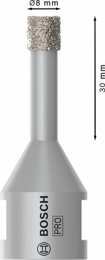 Grå Bosch Pro diamantborr med diameter 8 mm och längd 30 mm, graverad text.