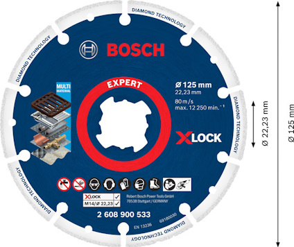 Rund sågklinga med "BOSCH" och "X-LOCK" logotyper, 125 mm diameter, för multi-material.
