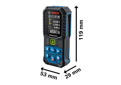 Digital laseravståndsmätare med dimensionerna 119 x 53 x 29 mm och Bosch-logotyp, visar mätvärden på skärmen.