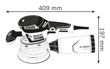 Illustration av roterande slipmaskin från Bosch med dimensioner 409 mm x 197 mm.