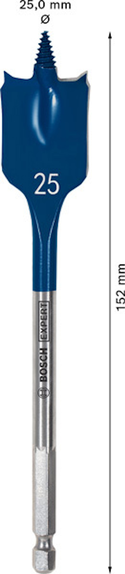 Blå spadeborr med storlek 25 mm markerad, längd 152 mm. Bosch Professional logotyp synlig på skaftet.