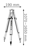 Bärbar stativ med justerbar höjd 1070-1650 mm och bredd 190 mm, Bosch-logotyp.