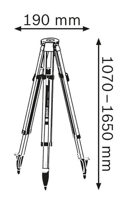 Bärbar stativ med justerbar höjd 1070-1650 mm och bredd 190 mm, Bosch-logotyp.