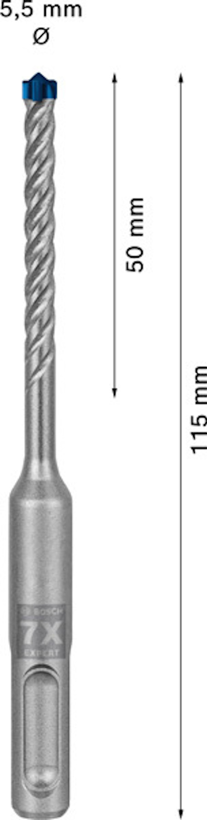 Borr med spiraldesign och en markerad spets, texten "5,5 mm" och pilar för mått, 50 mm & 115 mm visas.